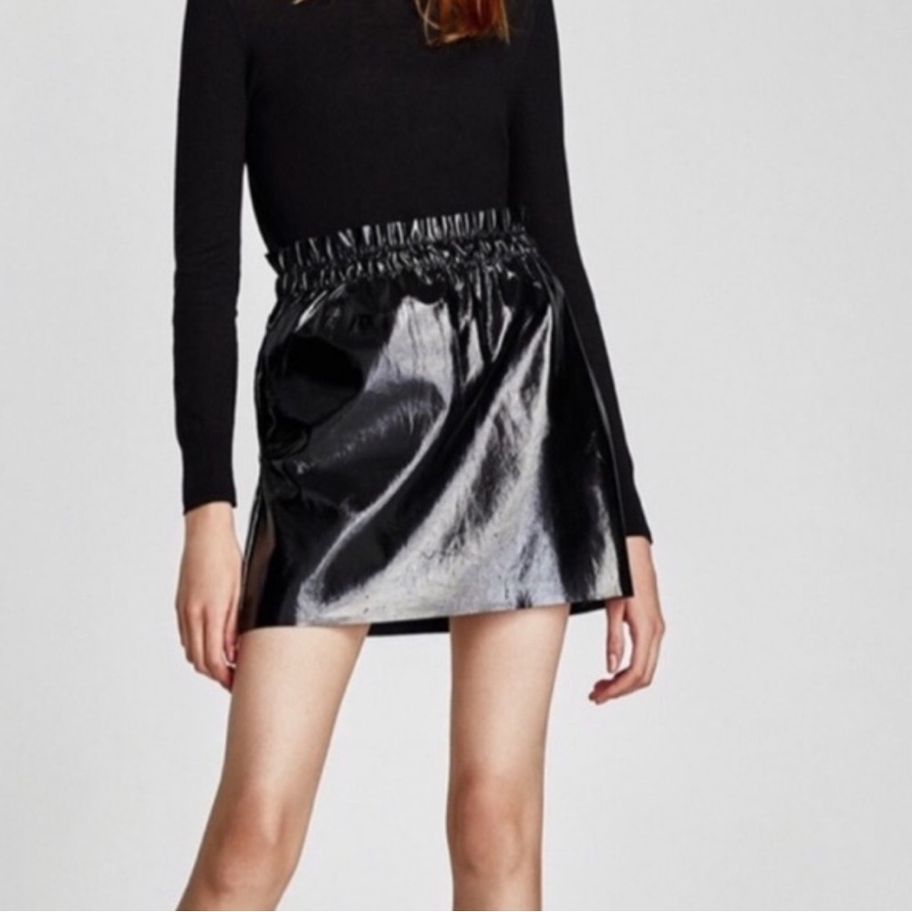 Zara Black Faux Leather Metallic Mini Skirt Festival Boho Concert Skirt